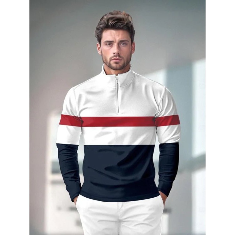 Acegolfs Playful Nautical Mens Golf Shirt Quarter Zip UPF50 White Navy Red Small